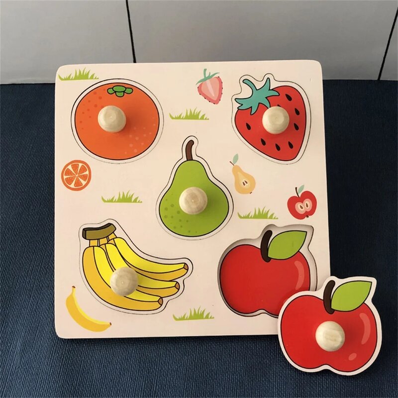 Rompecabezas de clavija de madera para frutas y verduras, rompecabezas con mango, forma de paquete, juguetes de Desarrollo Educativo temprano