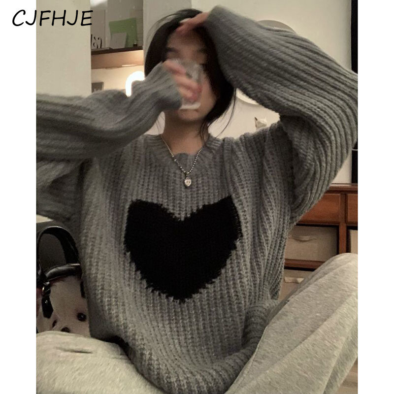 CJFHJE suéteres coreanos de coração doce, vintage Harajuku preguiçoso vento manga longa pulôveres, solto malha casual casal jumpers, moda