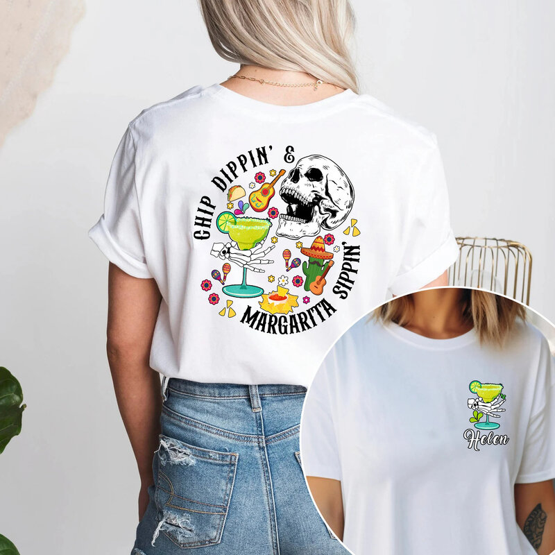 Camiseta con eslogan de Chip Dippin' & Margarita Sippin' para mujer, camisa Vintage con estampado de calavera de dibujos animados para mujer, camiseta de fiesta con estilo, nueva