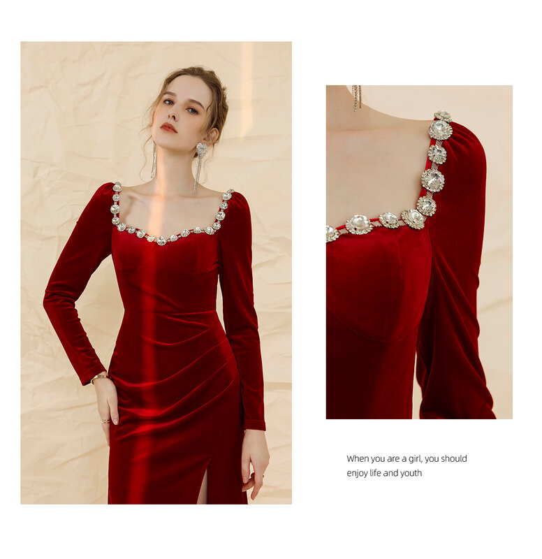 Lieverd hals bruid rode toast jurk high-end verloving kleine jurk fluwelen split geplooide jurk kan op gewone tijden worden gedragen