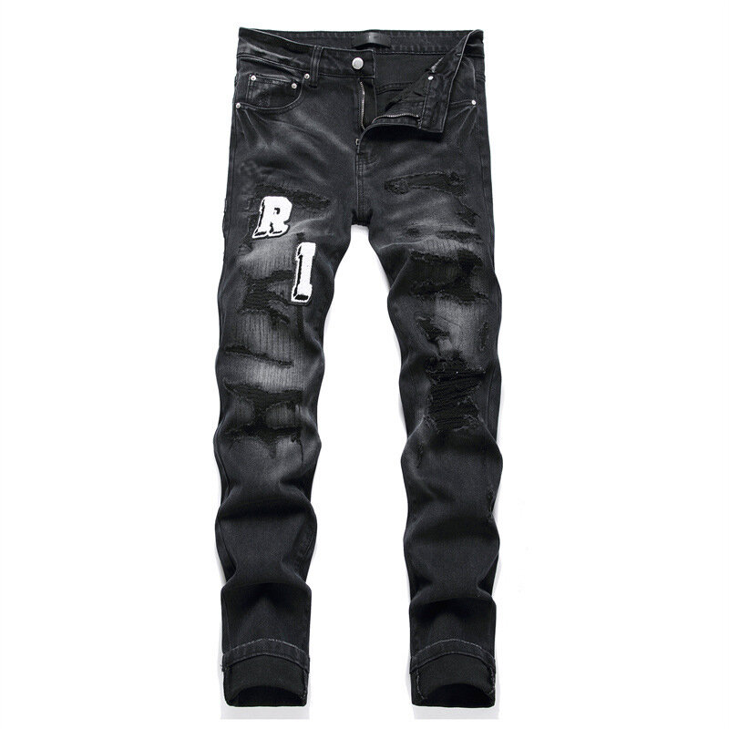 Celana jeans pria 2024 vintage hitam sobek, celana fashion ramping melar tren 3529