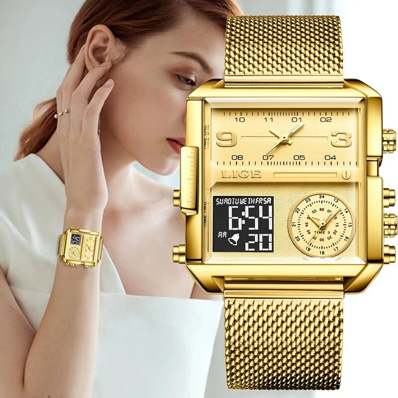 LIGE 패션 크리에이티브 스퀘어 워치 여성용, 탑 브랜드 럭셔리 시계, 캐주얼 스포츠 방수 크로노그래프 쿼츠 손목시계