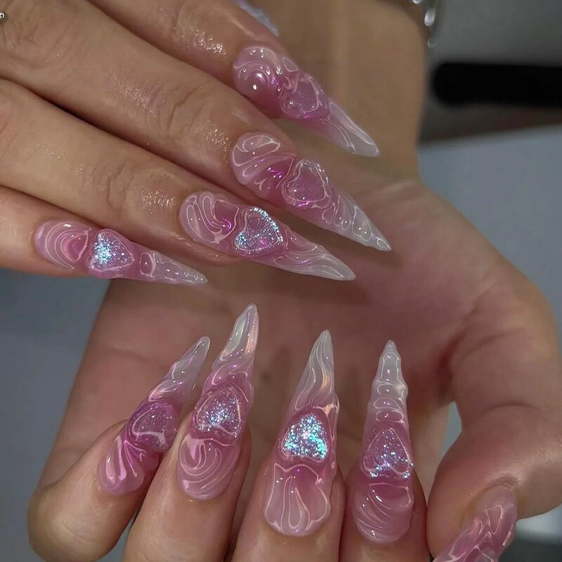 3D Water Ripple Glitter Love Heart Pink Nail Art Long Pointed Fake Nail Detachable Finished False Nails Press on Nails with Glue