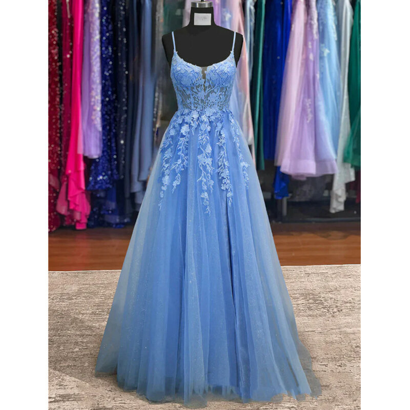 Vintage Spaghetti Straps Prom Dress Lace A Line Evening Dresses Tulle Applique Formal Women Party Gowns Vestidos de Novia