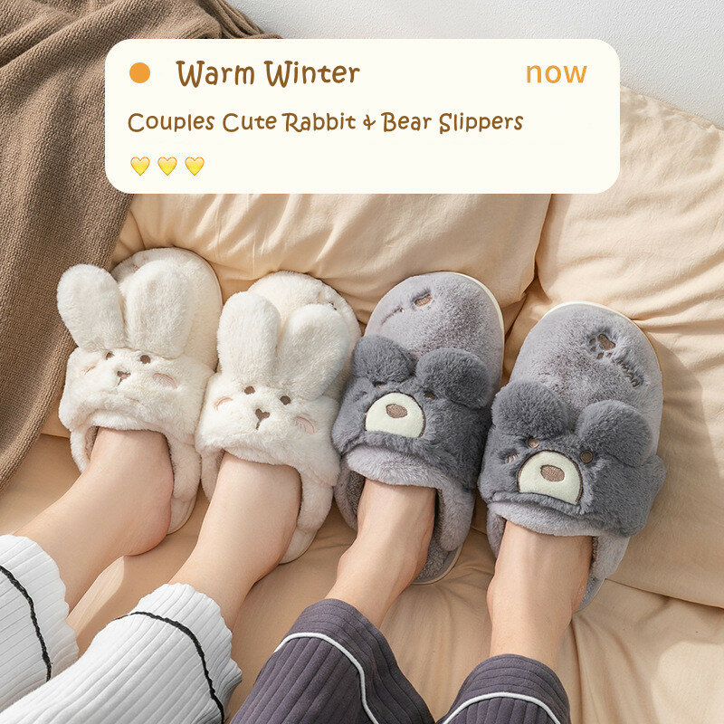 Women Winter Home Slippers Non-Slip Soft Warm House Shoes Men Ladies Indoor Bedroom Couples Cartoon Rabbit Bear Floor Slides