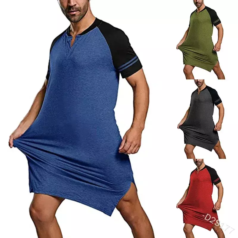 Мужская Ночная рубашка в стиле пэчворк, однотонная одежда для сна, мужской халат с коротким рукавом, свободный халат с V-образным вырезом