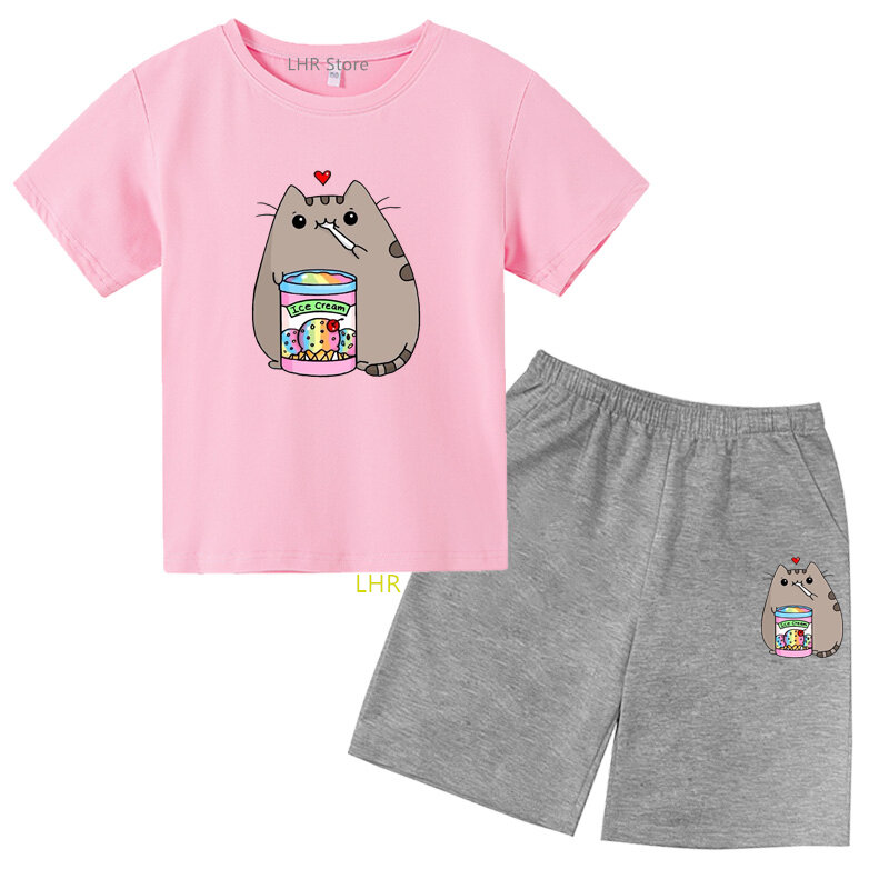 여름 어린이 세트, 레저 반팔 라운드 넥 티셔츠 및 반바지 세트, 코튼 애니메이션 고양이 프린트 의류, 3-12 세 소년 소녀