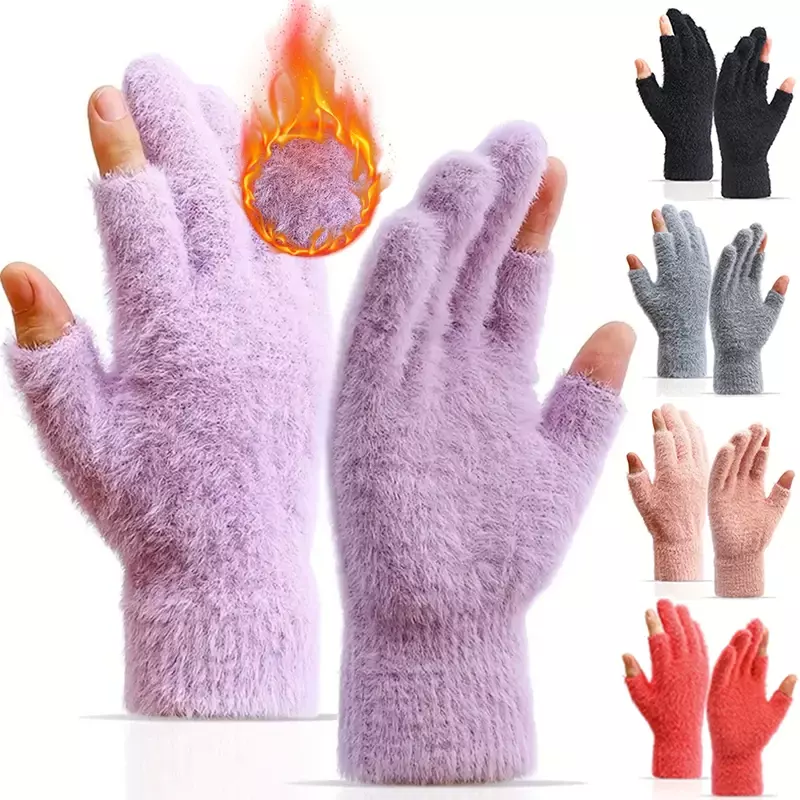 Мягкие искусственные перчатки из кроличьего меха, Женские Плюшевые Теплые Зимние флисовые пушистые полуперчатки на указательный палец