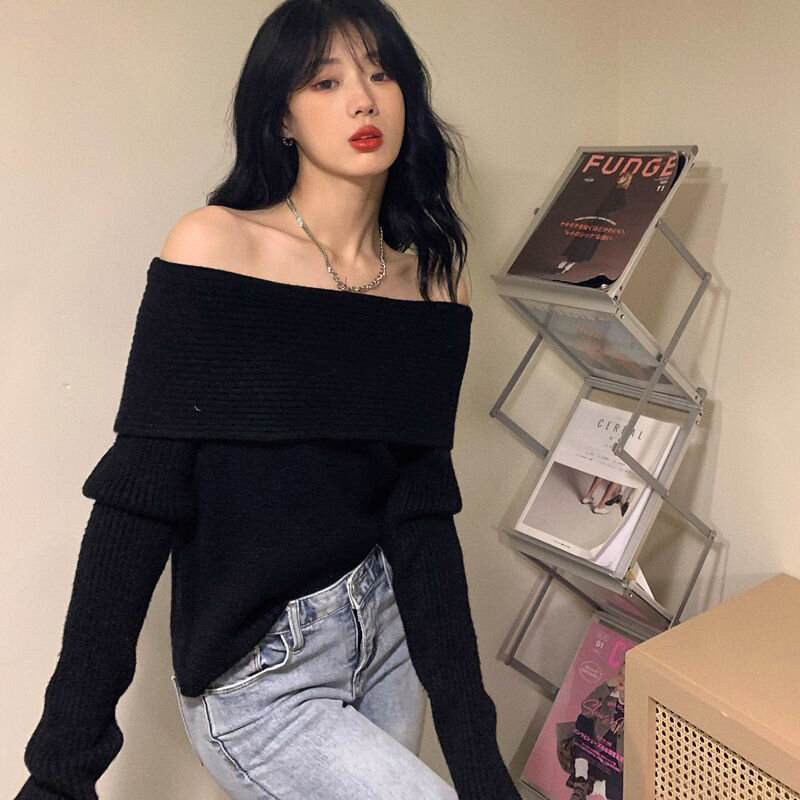 Lucyever Slash Hals Gebreide Trui Vrouwen Sexy Off Shoulder Lange Mouw Pullovers Vrouwelijke Koreaanse Elegante Dikken Slanke Truien Top
