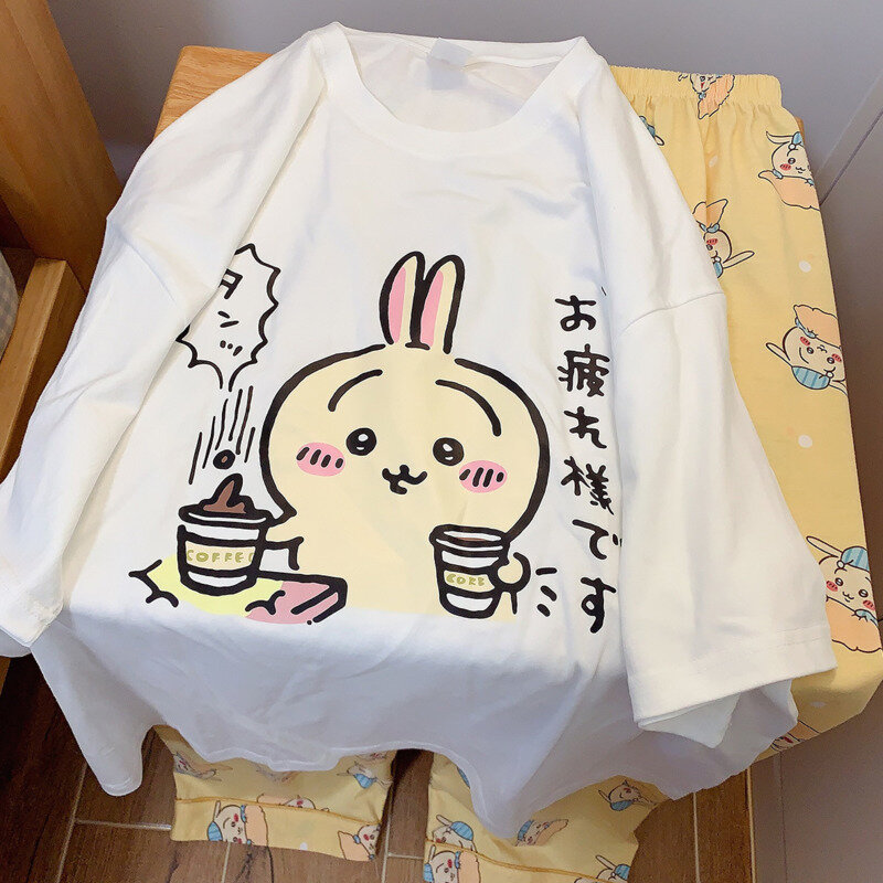 Conjunto de pijama chi kawaii feminino, desenho animado casual, gola em O, manga curta, calça comprida, roupas unissex soltas, verão, 2024