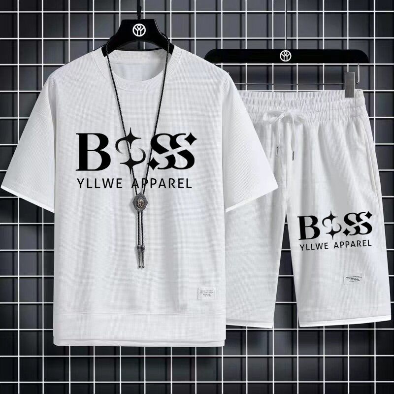 BSS YLLWE setelan pakaian olahraga pria, setelan kaus dan celana kasual kain Linen dua potong, setelan olahraga modis lengan pendek