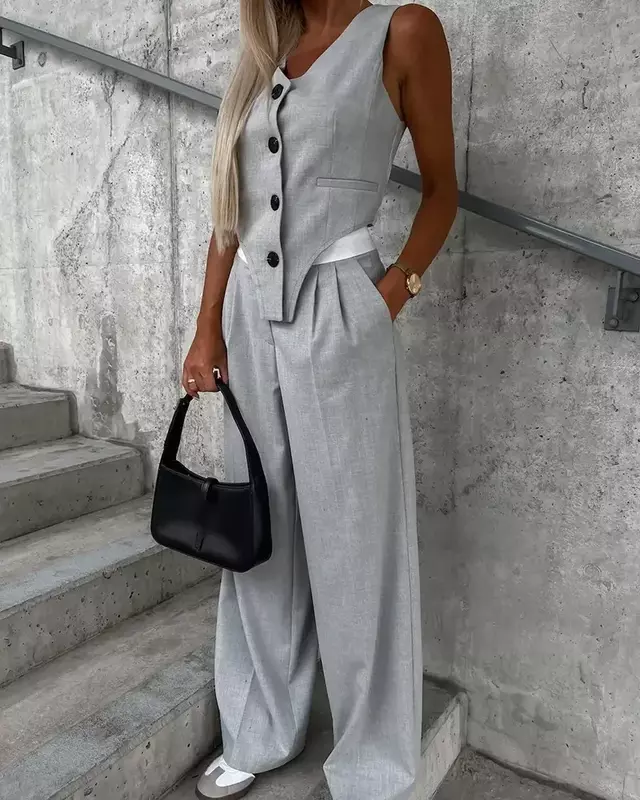 Summer Autumn Two Piece Set for Women 2023 Fashion Sleeveless Striped Vest Blazer Top and Ruched Wide Pants Set for Office Suit