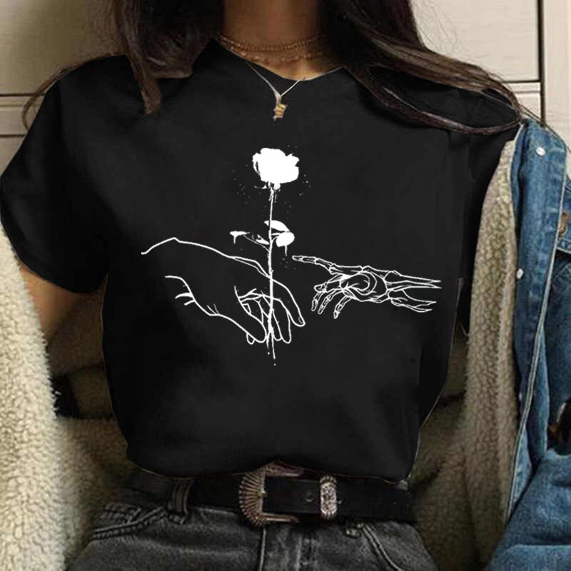 Estética feminina Rosa Estampada Camiseta, Camiseta Preta Feminina, Tops da Moda Feminina, Anos 90 Senhoras Harajuku, O-Pescoço, Michelangelo