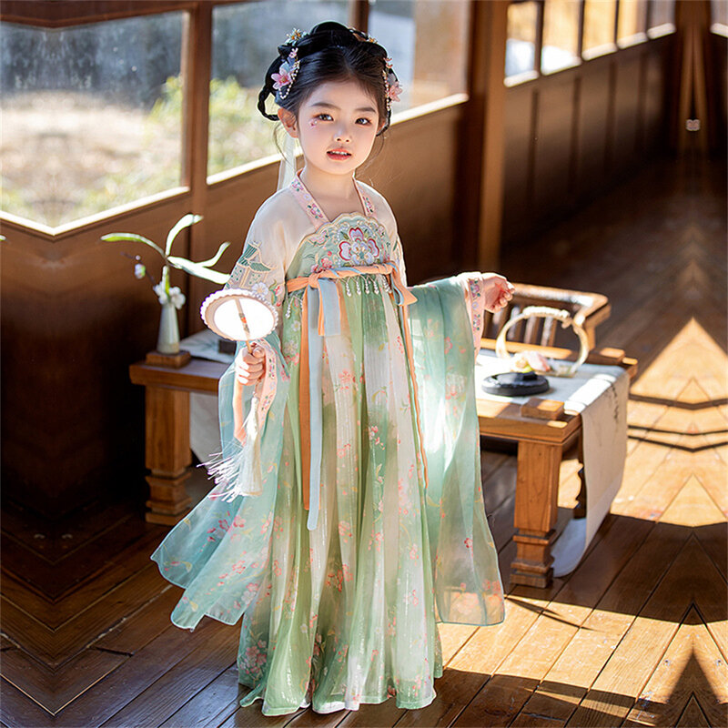 Meisjes Hanfu Lente Zomer Nieuw Oud Kostuum Chinese Traditionele Prinses Jurk Kinderen Geborduurde Tang Pak Fee Kleding