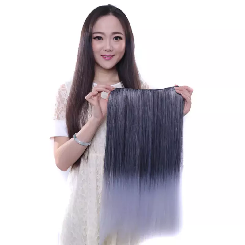 Grampo na extensão sintética do cabelo, hairpieces retos longos, cor preto e cinza, 1 pc