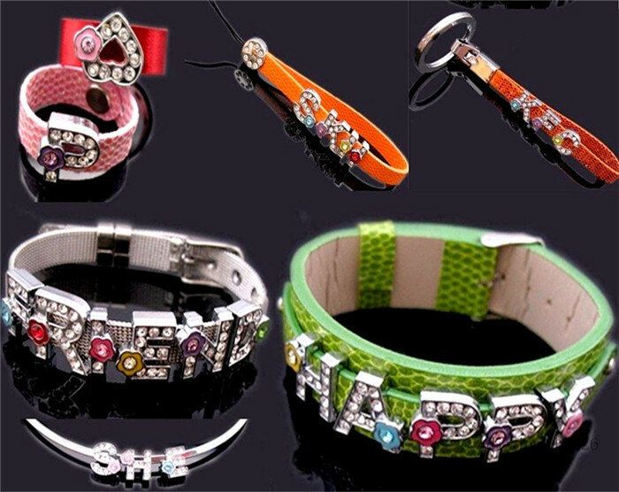 Rhinestone 8mm Slide Letters Charms Alphabet Alloy Fit Bracelet Wristband Collar Key Chain Belt DIY Jewelry Women Kids Gift