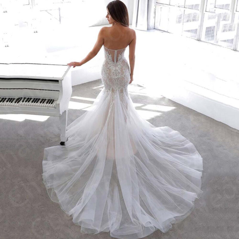 2022 Elegant Mermaid ชุดแต่งงานลูกไม้ชุดเจ้าสาว Sweetheart Robe De Mariée สีขาวเปิดกลับ Gowns แต่งงาน
