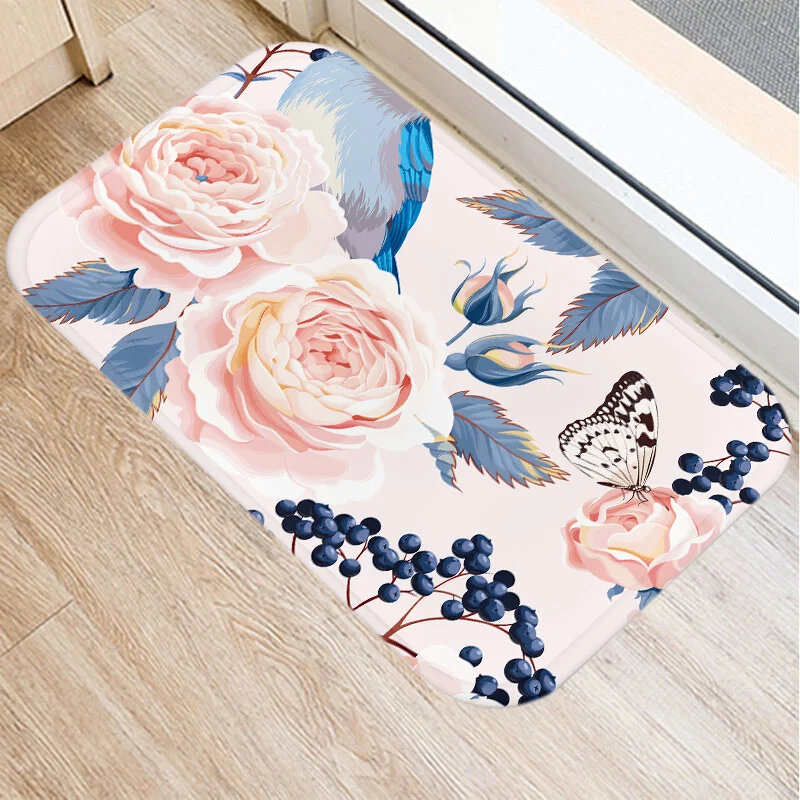 Botanical Flower and Butterfly Carpet Wild Animal Romantic Floral Bathroom Rug Bedroom Living Room Doormat Non Slip Floor Mat