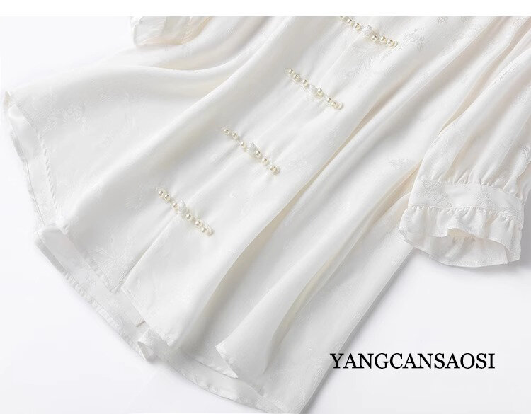 "Bookish Family" 20MM 100% Natural Mulberry Silk Jacquard Plain Satin Ear Collar White New Chinese Women's Fashion Shirt
