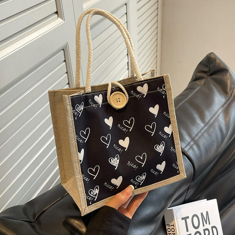 ISKYBOB Linen Button Zipper Handbag Women Tote Large Capacity Grocery Bag Gift Bag Beach Organizer Portable Shopping Lunch Bag