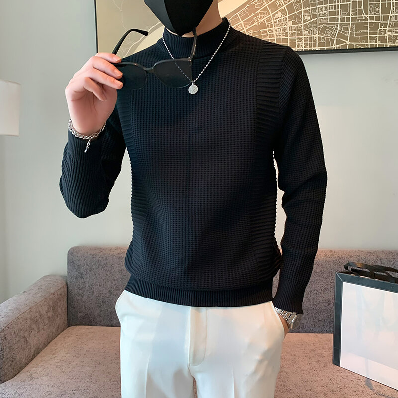 Новинка 2023, осенне-зимний Дизайнерский Модный брендовый вязаный мужской теплый свитер с высоким воротником, повседневная мужская одежда с ложным воротником B81