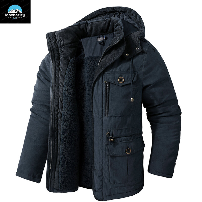 2024 Male Windbreaker Hooded Outwear Cotton Parka Snow Coats Mens Thicken Warm Winter Jacket Cashmere Fleece Inner Cotton-Padded