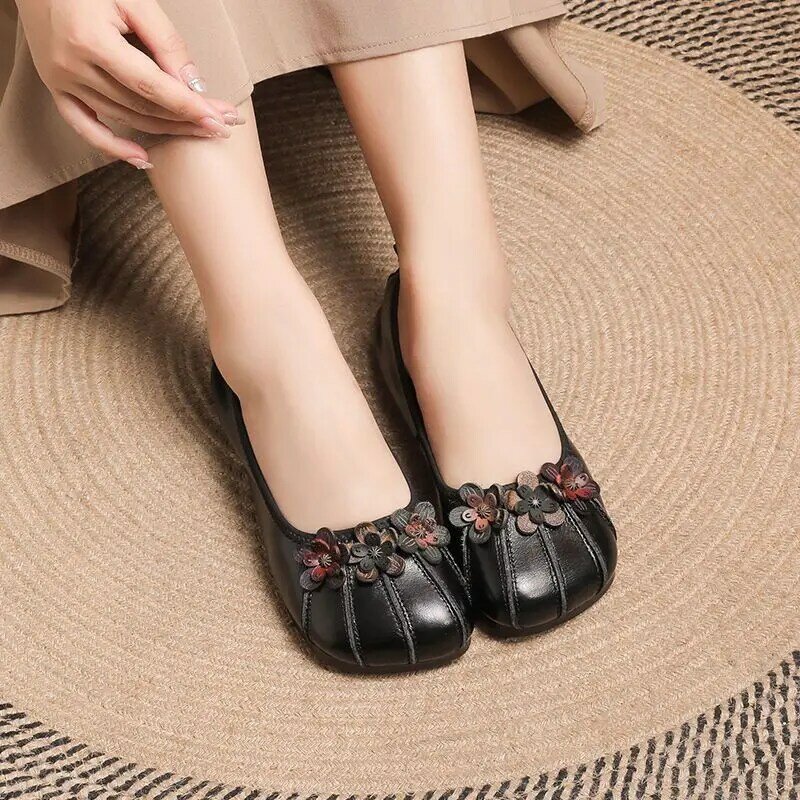 Sepatu flat balet ibu elegan retro sepatu dangkal bunga desainer mewah sepatu pantofel datar vintage ibu sepatu kulit guenine