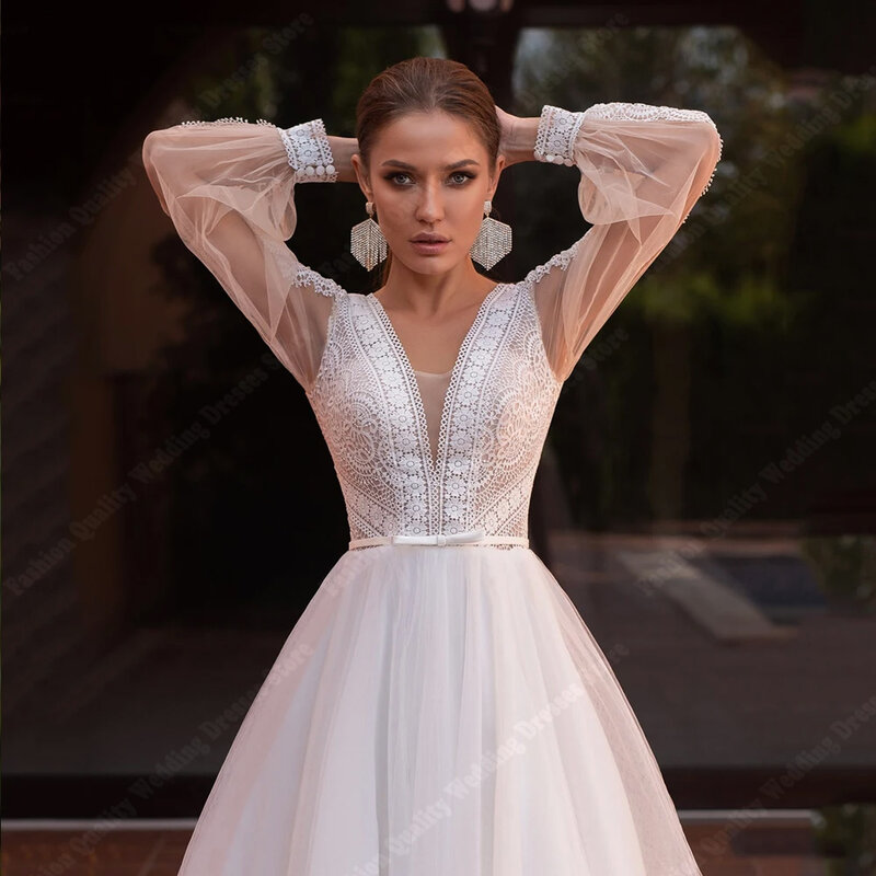 Shining Tulle Lady Wedding Dresses Simple Decals Formal Party Bridal Gowns Newest Long Sleeves Floor Mopping Vestidos De Novia