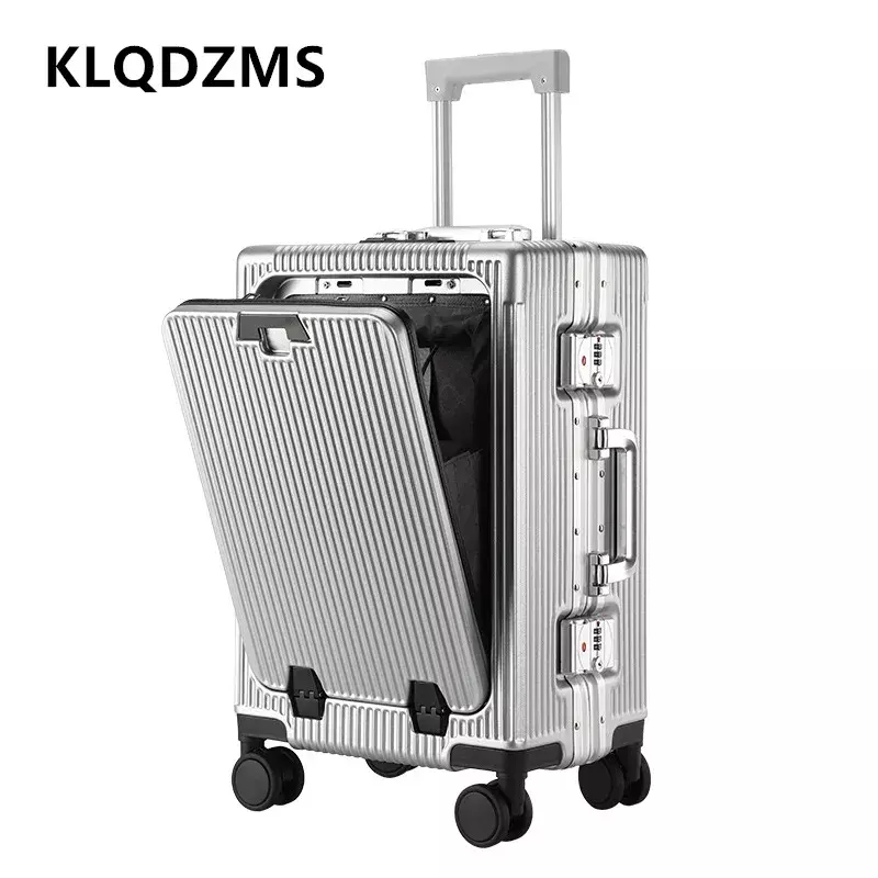 KLQDZMS koper PC 20 inci bukaan depan bingkai aluminium casing asrama 24 "casing troli Laptop pengisian USB bagasi kabin