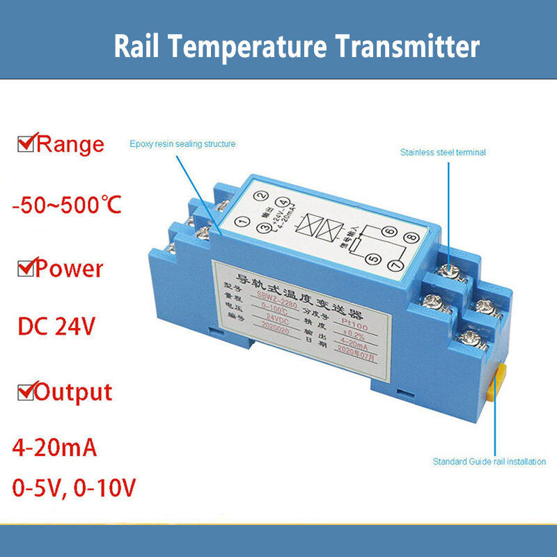 السكك الحديدية وحدة الارسال درجة الحرارة ، PT100 ، 0.2 الدين ، 24 فولت ، إخراج 4-20MA ، SBWZ-2280