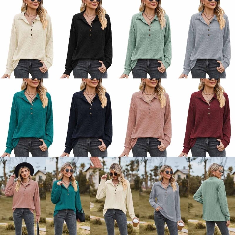 Women Oversized Long Sleeve Sweatshirt Hoodies Pullover Tops Button Henley Shirt Dropship