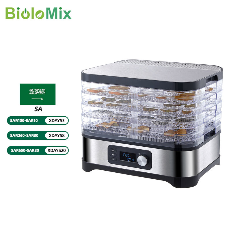 BioloMix BPA ฟรีถาด5ถาดอาหารเครื่องเป่า Dehydrator นาฬิกาดิจิตอลและอุณหภูมิควบคุมสำหรับเนื้อผักผลไม้ Dendeng Sapi