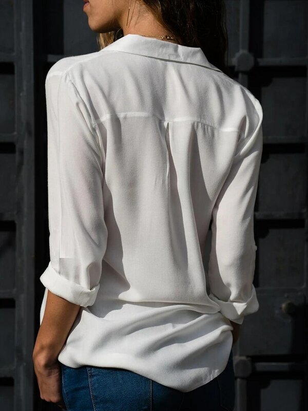 Blus Sifon Solid Elegan Wanita Kaus Longgar Leher V Lengan Panjang Kasual Musim Semi Musim Panas Atasan Kebesaran Wanita Kantor 2023