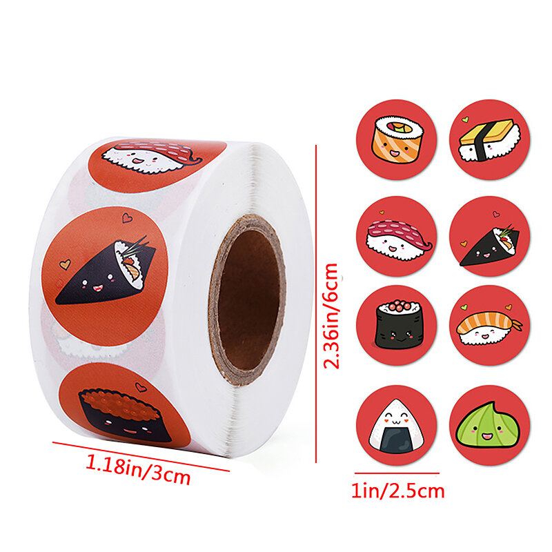 Pegatina Circular con patrón de Sushi de dibujos animados, cumpleaños y decoración de boda, pegatina de postre horneado, etiqueta de fiambrera, 1 rollo de 2,5 cm/1 pulgada