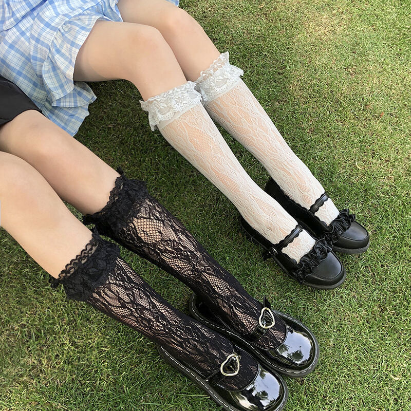 2022 милые кружевные носки в стиле "Лолита", черные и белые носки с ворсом, милые женские носки с T-образным бантом для девочек, Женские аксессуары для косплея