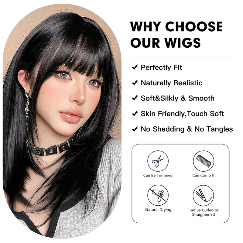 ALAN EATON Black Straight Synthetic Wigs with Bangs Medium Length Natural Black Wig for Asian Girls Women Daily Heat Resistant