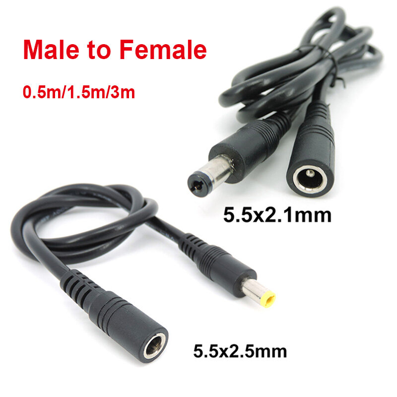 Conector de extensión de fuente de alimentación DC macho a hembra, Cable de enchufe, adaptador de Cable para cámara de tira led, 5,5x2,1mm, 2,5mm, J17