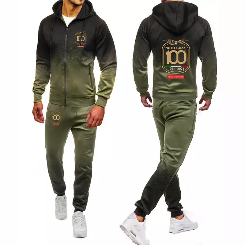 Moto Guzzi 90 Motorcycle 2024 Men New Spring Autumn Fashion Hooded Zipper Comfortable Gradient Color Hoodie Trousers Sports Suit