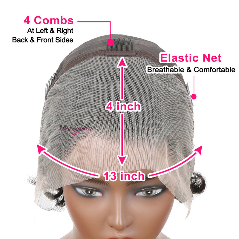 باروكة بوب قصيرة أمامية من الدانتيل الشفاف للنساء ، قطع بيكسي ، شعر بشري مستقيم ، تسليط الضوء ، 13 × 4