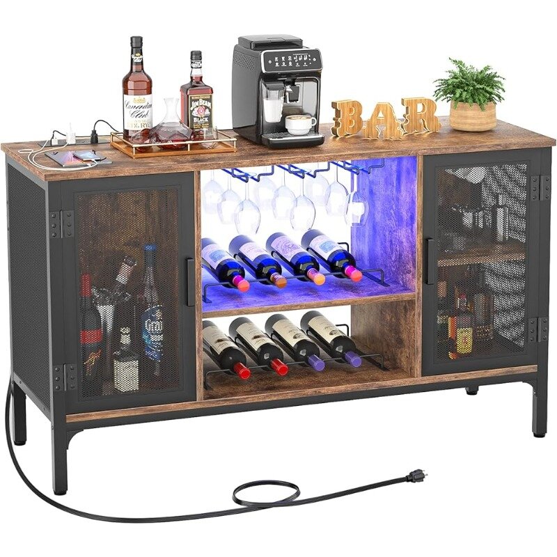 Wine Bar Cabinet com Luzes LED e Tomadas, Gabinete de Café Industrial para Licores e Copos, Farmhouse