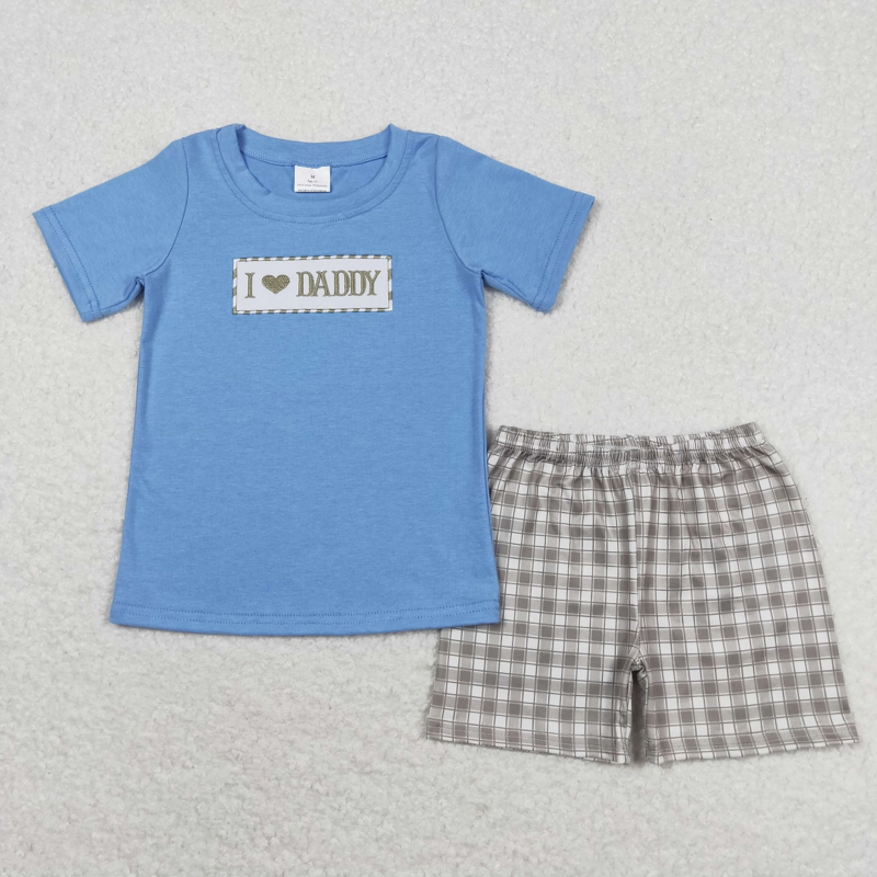 Groothandel Kinderen Borduurwerk Zomer Sets Peuter Korte Mouwen Katoen I Love Papa T-Shirts Kids Geruit Shorts Baby Boy Outfit