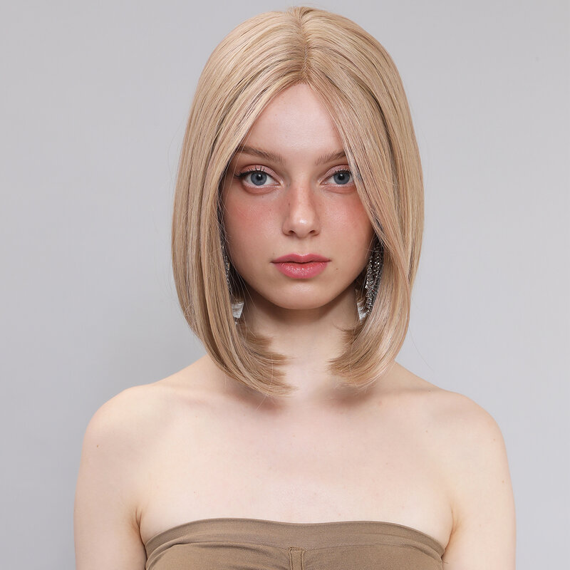 Smilco Blonde T-Part 13X5X1 Lace Front Kanekalon Synthetic Short Straight Wig Invisible Lace Front Preplucked Wig Heat Resistant