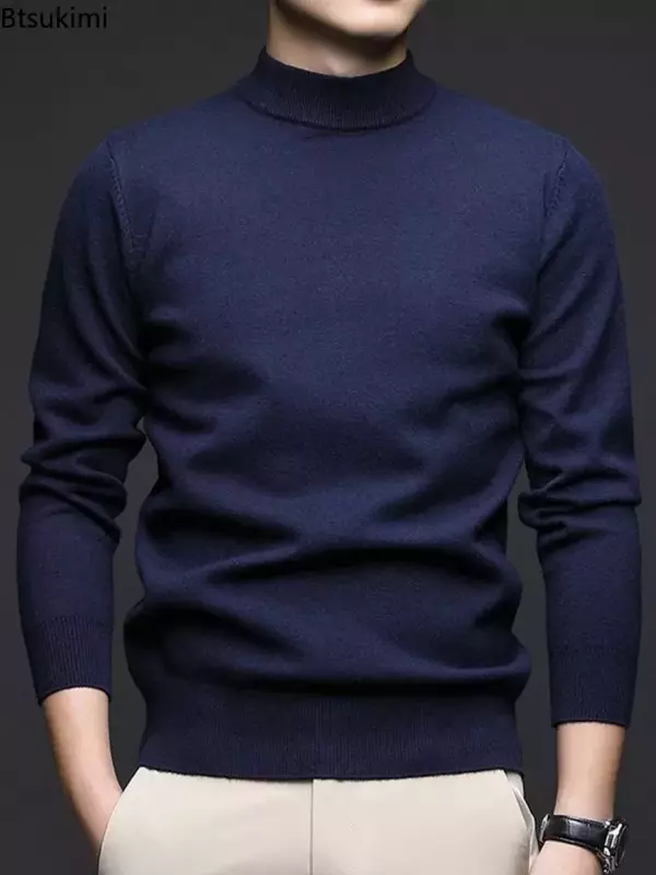 2024 męskie gruby, ciepły sweter topy jesienno-zimowy sweter z półgolf wełnianym dolna koszula na ubrania męskie