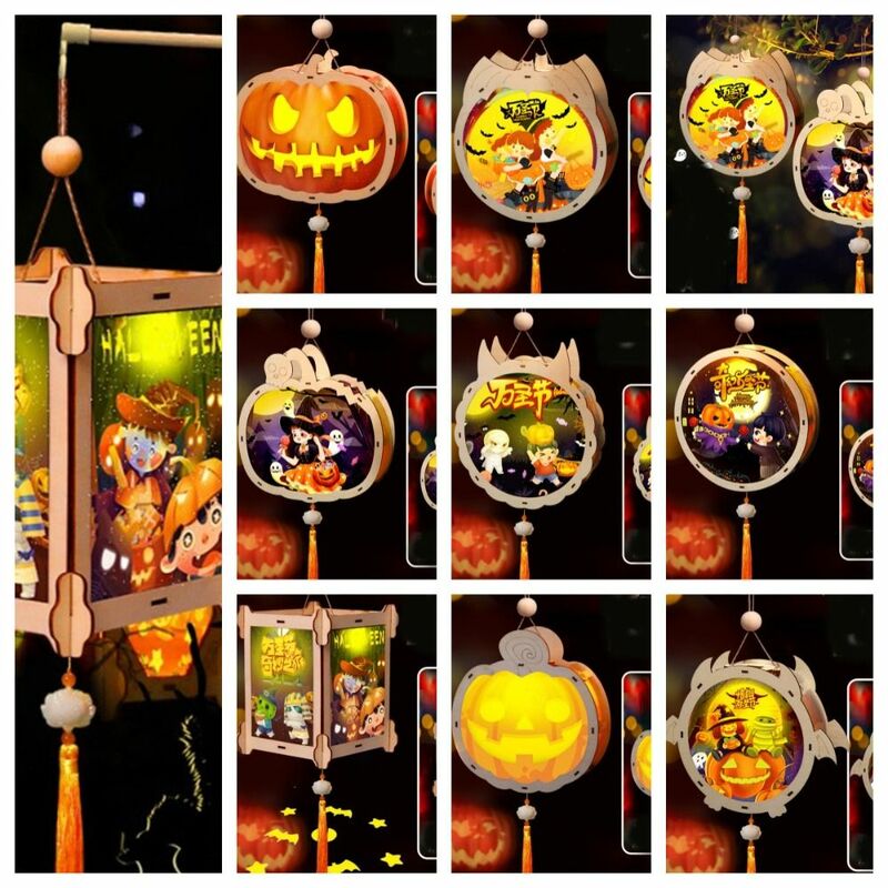 Lanterna di zucca di Halloween portatile lanterna di Halloween di zucca luminosa lanterna di Halloween in legno di fantasma fatta a mano fai da te