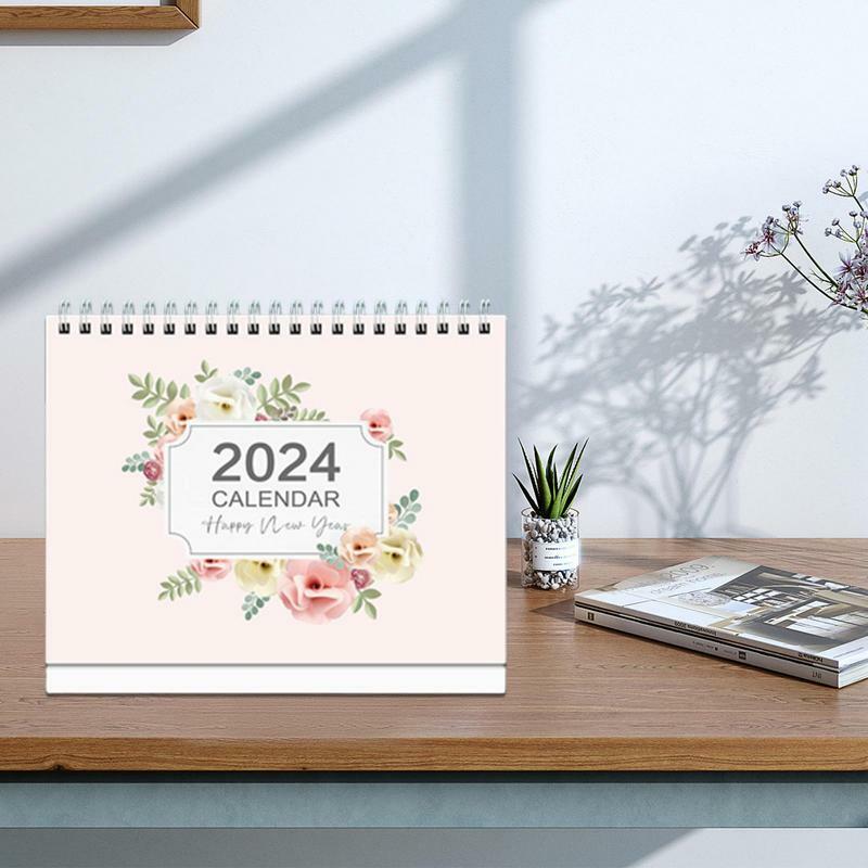Calendrier de bureau debout avec spirale florale, calendrier décoratif pour salle d'irritation, maison et école, mignon, 12 mois, 2024