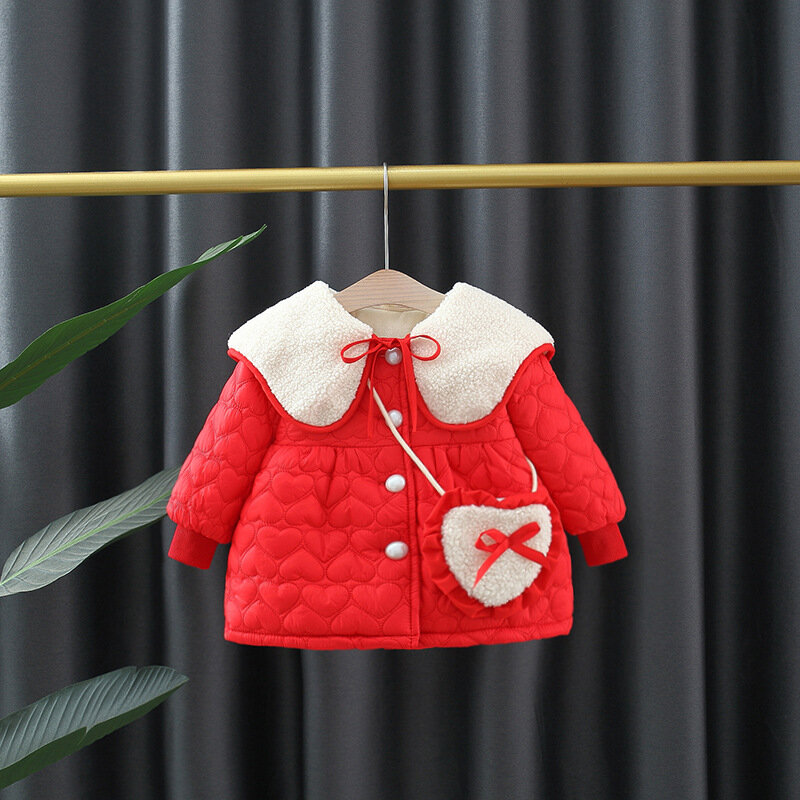 2pcs Winter Baby Girls Cotton Coat Fashion Doll Collar Children Clothes Set Overalls Warm Toddler Jacket Kids Costume Send Bag