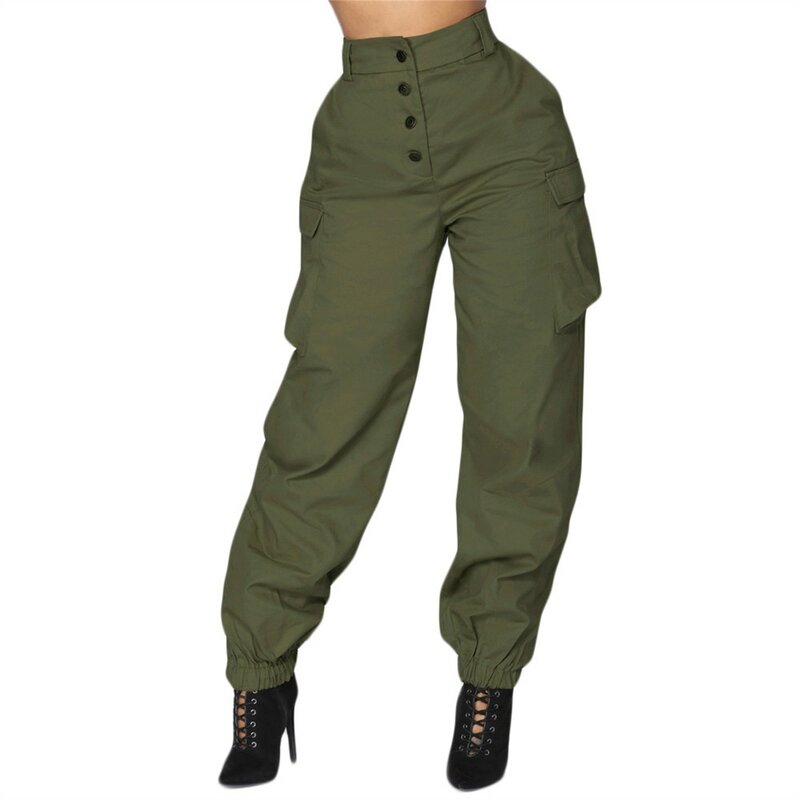 Pantalon cargo taille haute pour femme, tendance de la mode, document solide, bouton tout assressenti, Fj03, pantalon décontracté simple avec poches