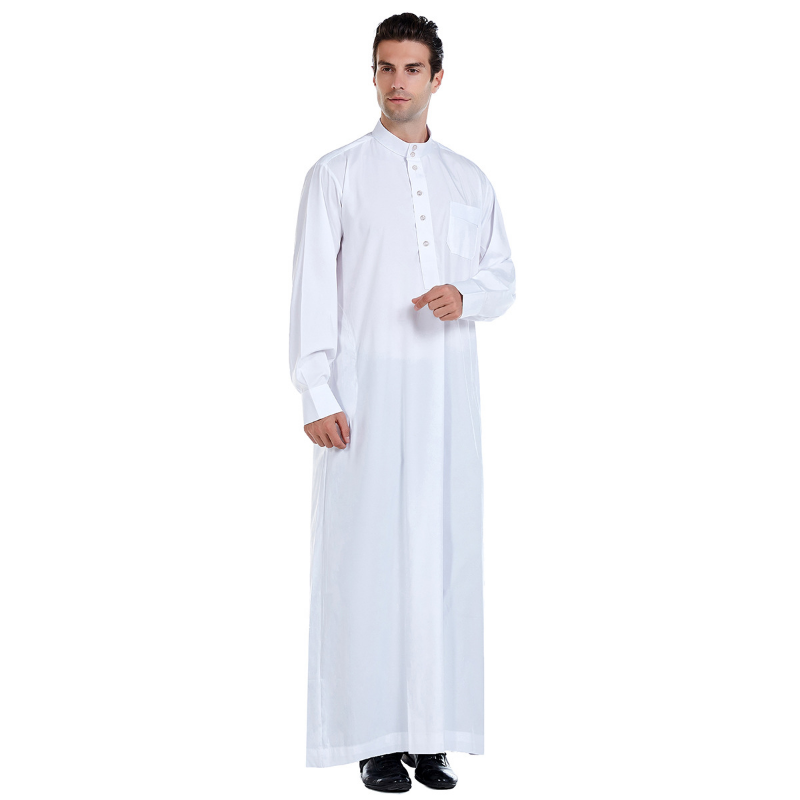 Kostum nasional pria Muslim pakaian pria warna Solid lengan panjang kerah berdiri thobs untuk pria kancing bangsawan Jubba Arab Saudi