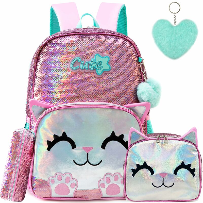 Meetbelify ransel lucu untuk anak perempuan, tas punggung sekolah kucing merah muda, tas buku payet untuk siswa TK SD dengan makan siang