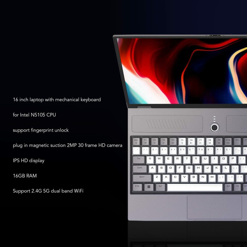 Crelander Gamer Notebook 16 Inch 2560*1600 Ips Scherm Intel Celeron N5105 Windows 11 Mechanische Toetsenborden Gaming Laptop Computer